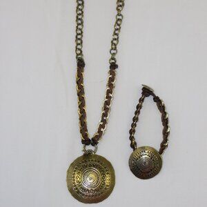 Bohm Gold Toned Mixed Metal Leather Gold Toned Medallion Necklace and Bracelet